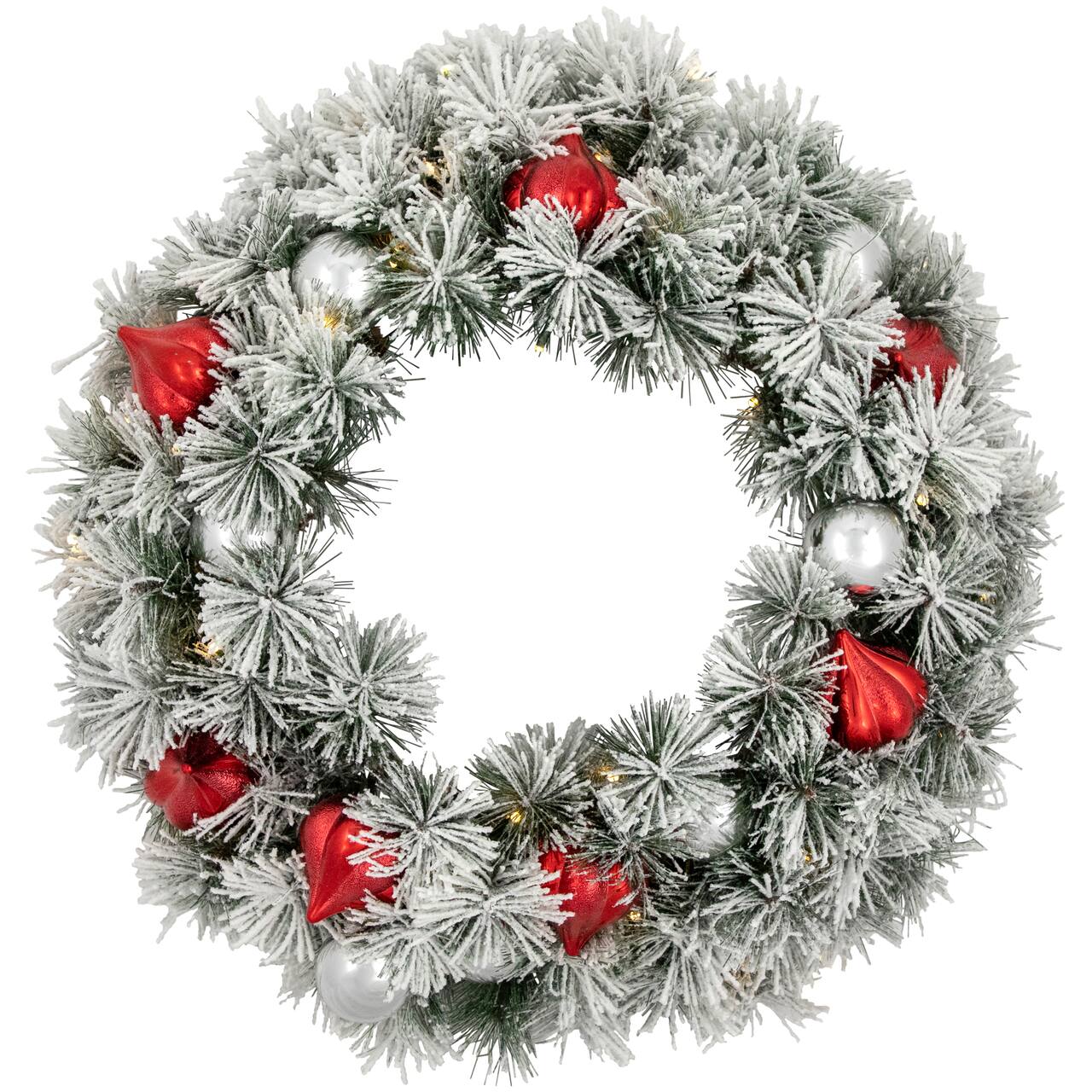 24" Pre-Lit Snowy Bristle Pine Christmas Wreath, Warm White LED Lights